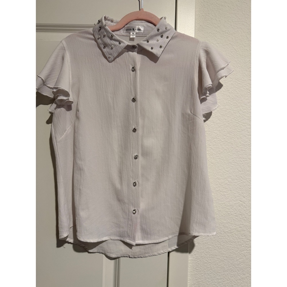 Stem & Vine White Pearl Embellished Flutter Sleeve Blouse Med Rhinestone Buttons